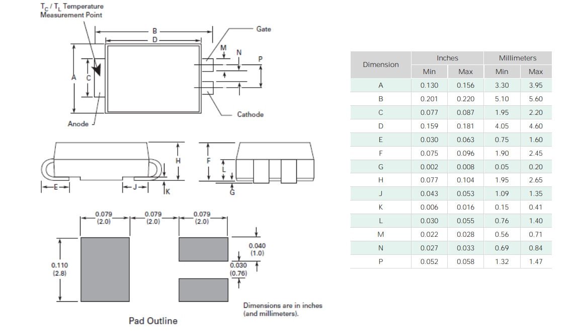 Disegno meccanico - IXYS SCR sensibili da 1,25 A Teccor® Sx02CSx